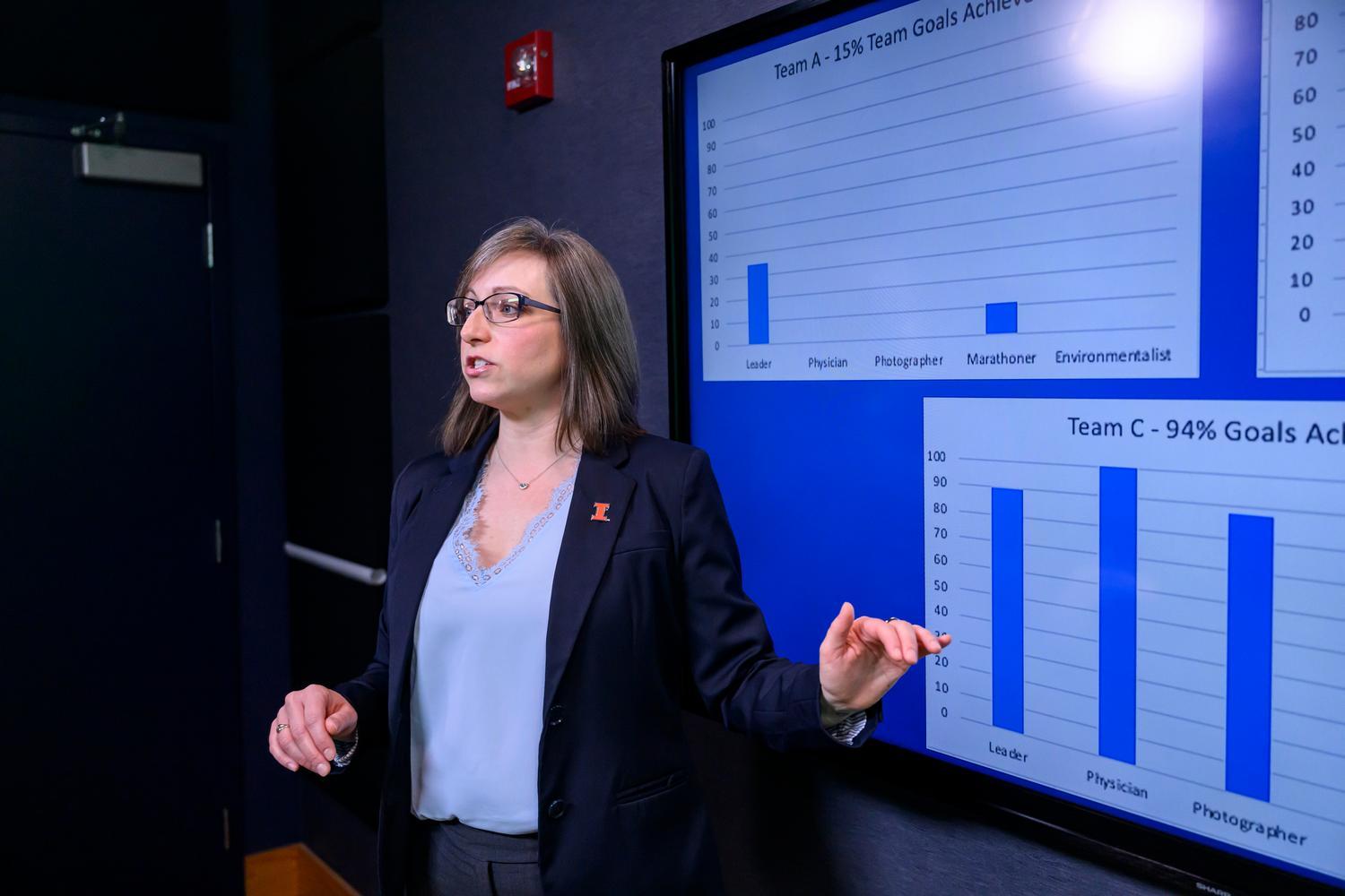 Professor standing in front of television screen that has data charts on the screen.